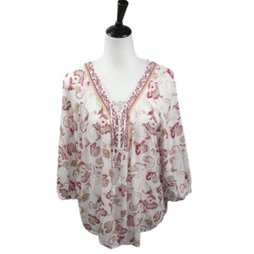 CJ Banks Red/Mustard Yellow Boho Tie Front 3/4 Sleeve Blouse Size X - Picture 1 of 5